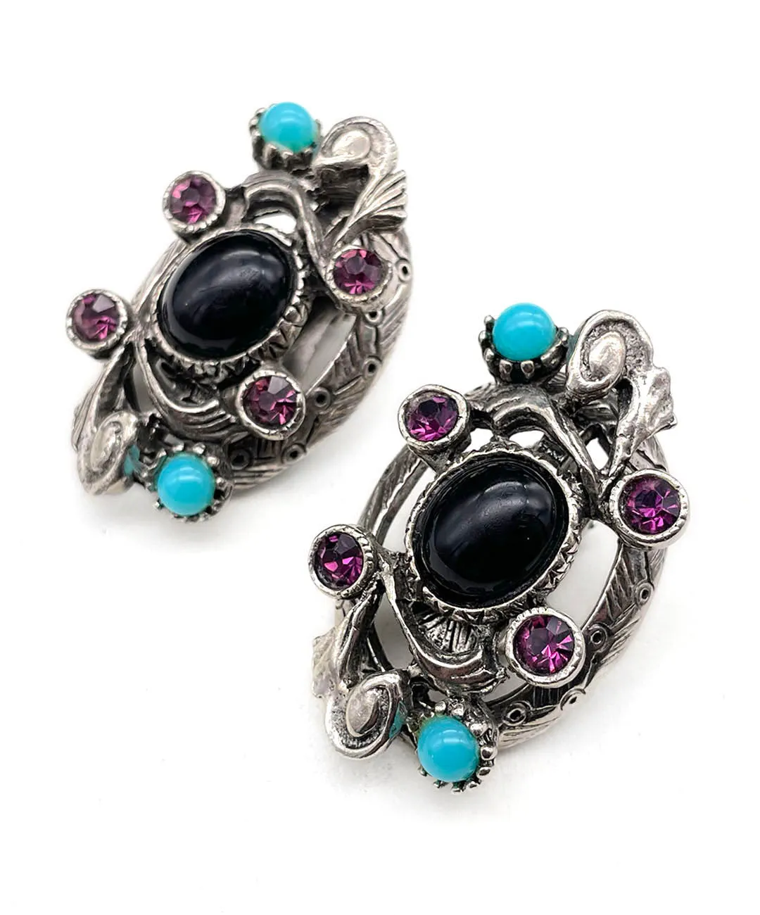 【USA輸入】ヴィンテージ SELRO ブラック パープル ターコイズ  ビジュー イヤリング/Vintage SELRO Black Purple Turquoise Bijou Clip On Earrings