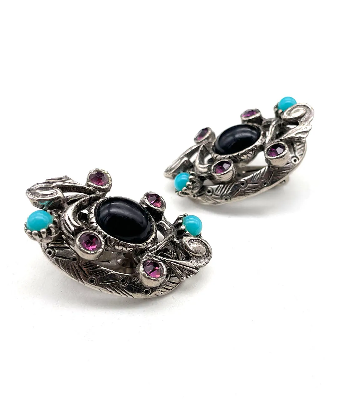 【USA輸入】ヴィンテージ SELRO ブラック パープル ターコイズ  ビジュー イヤリング/Vintage SELRO Black Purple Turquoise Bijou Clip On Earrings