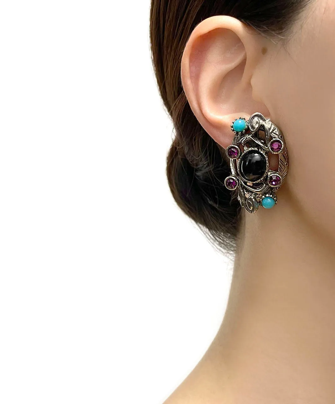 【USA輸入】ヴィンテージ SELRO ブラック パープル ターコイズ  ビジュー イヤリング/Vintage SELRO Black Purple Turquoise Bijou Clip On Earrings