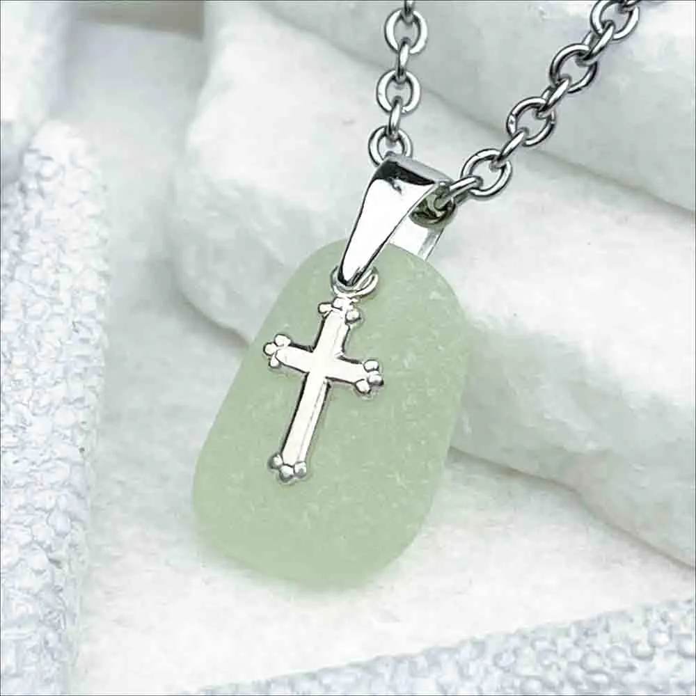 UV Sea Glass Pendant with Sterling Silver Cross Charm | #5298