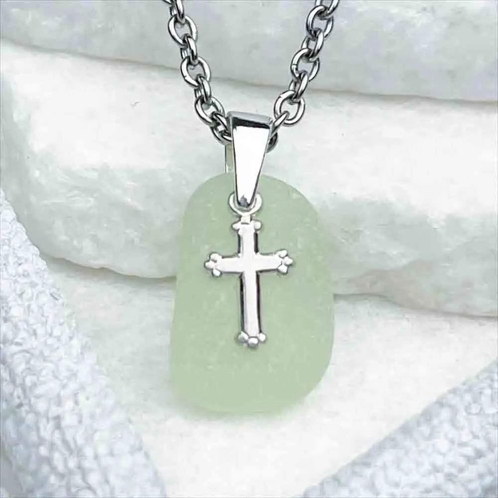 UV Sea Glass Pendant with Sterling Silver Cross Charm | #5298