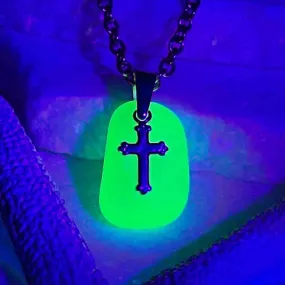 UV Sea Glass Pendant with Sterling Silver Cross Charm | #5298