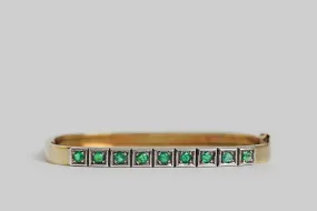 Vintage 1980s Rectangular Hinged Bangle Bracelet with Emeralds in 14k Gold