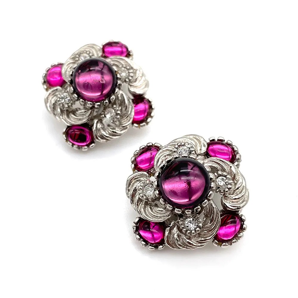 【フランス輸入】ヴィンテージ SPHINX パープル マゼンタ カボション イヤリング/Vintage SPHINX Purple Magenta Clip On Earrings