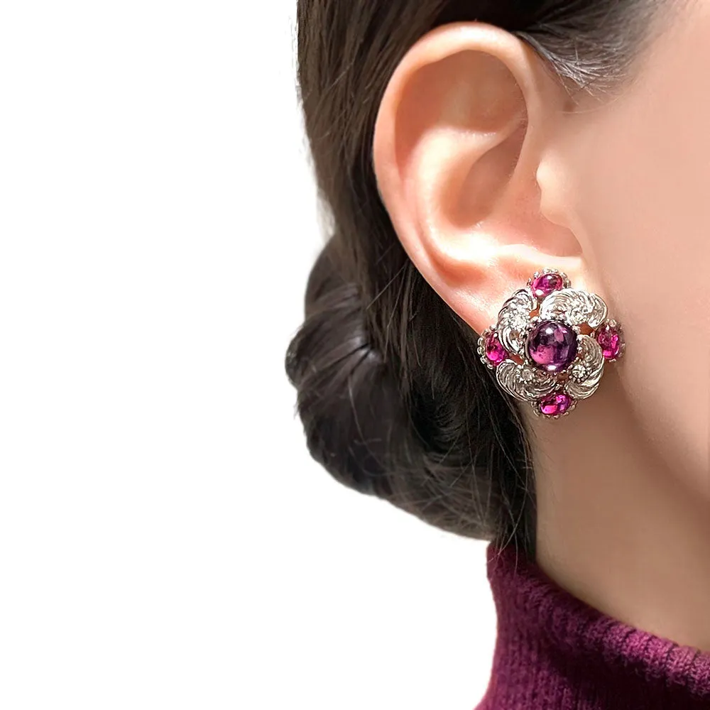 【フランス輸入】ヴィンテージ SPHINX パープル マゼンタ カボション イヤリング/Vintage SPHINX Purple Magenta Clip On Earrings